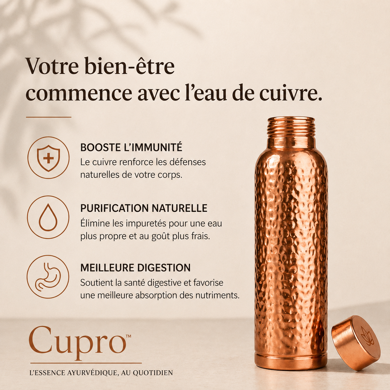 Gourde en Cuivre Pur Cupro™ | L'Eau Purifiée Naturellement, Sans Plastique