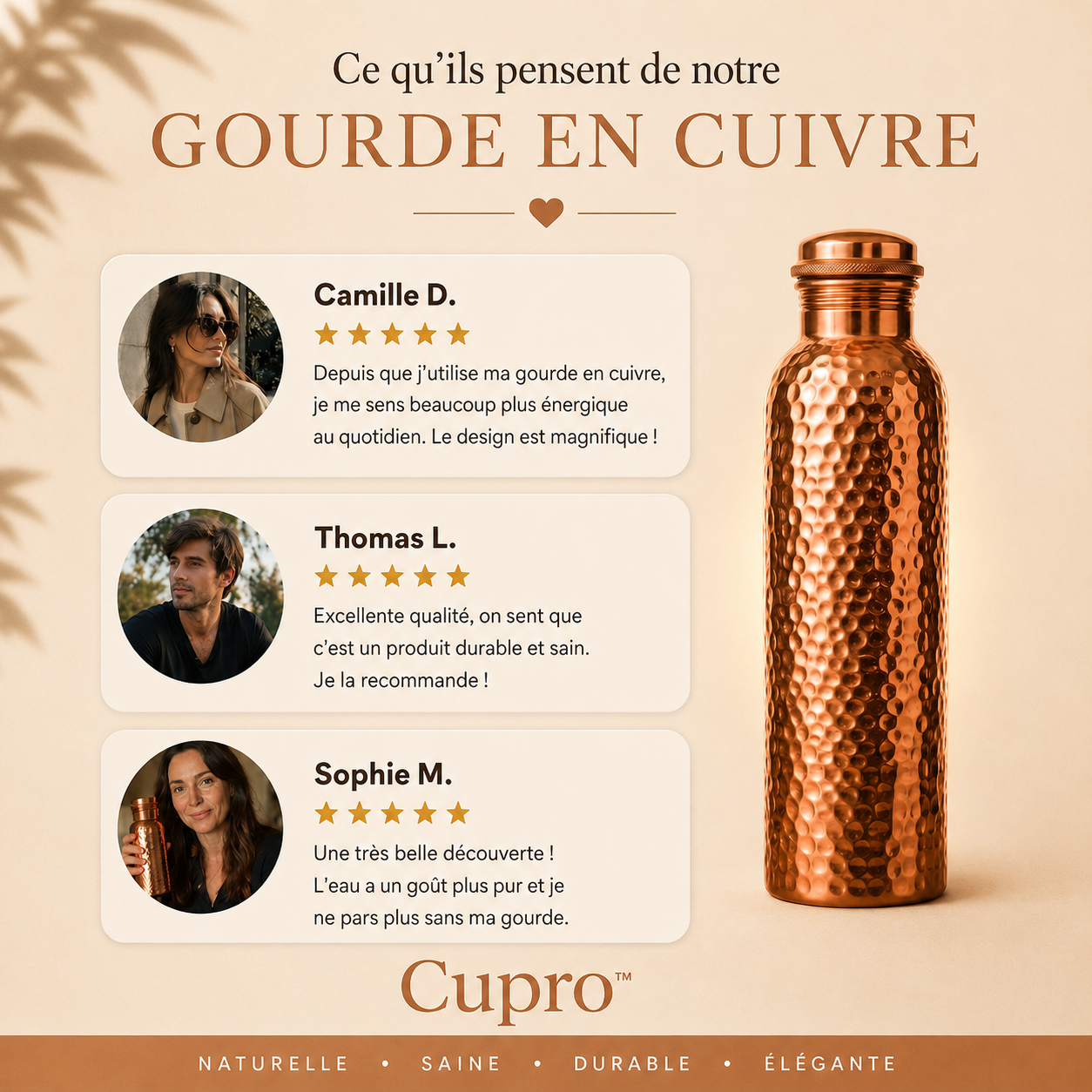 Gourde en Cuivre Pur Cupro™ | L'Eau Purifiée Naturellement, Sans Plastique